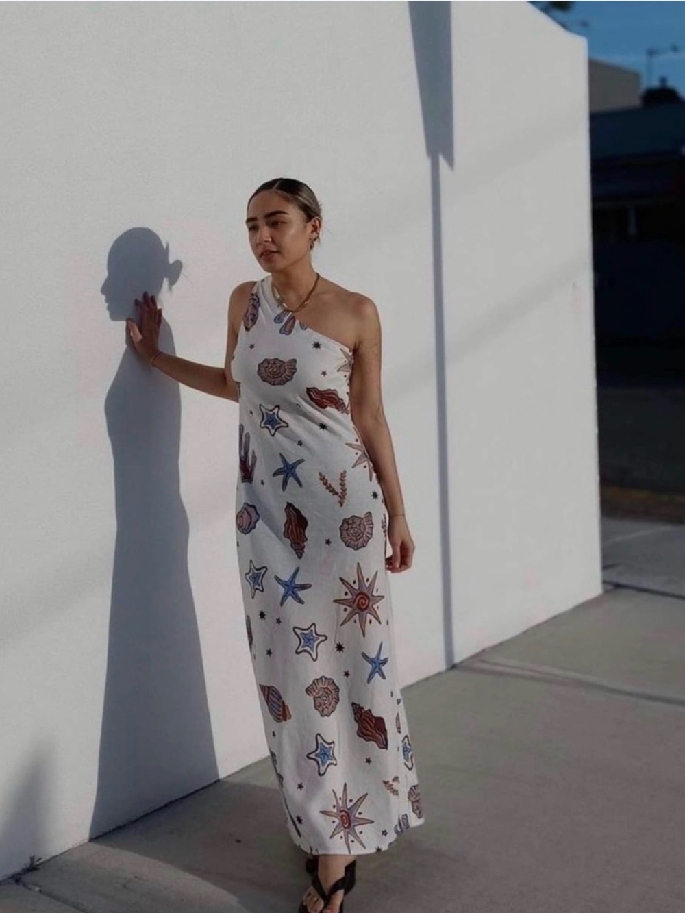 C&C California White One-Shoulder Seashell & Starfish Print Dress
